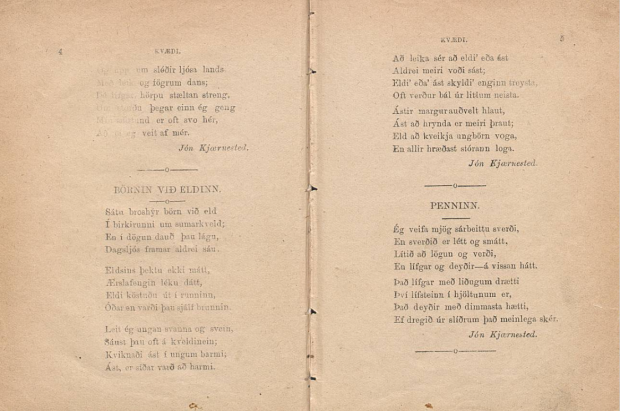 Tveggja síðna opna úr tímariti með texta í dofnu svörtu bleki á gömlum, gulnuðum pappír. Á hvorri síðu er mjór, stakur textadálkur.
