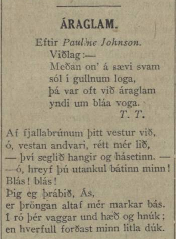 Textadálkur prentaður með svörtu bleki á dagblaðspappír sem hefur skolast og gulnað með aldrinum.