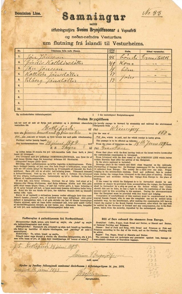 A yellowed historical document written in Icelandic and English, titled “Samningur” (Contract), outlining emigration terms from Iceland to North America. The contract lists Sveinn Brynjólfsson and family members, showing columns for names, ages, and travel costs. The text includes legal clauses and signatures, with a Dominion Line header and handwritten notes along the edges.