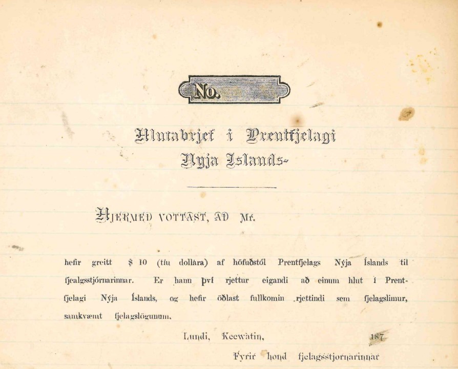 A vintage printed certificate from the Prentsfélag Nýja Íslands, with the title Munabrjef í Prentsfélagi Nýja Íslands centered at the top. The document includes a decorative label marked No. and features Icelandic text in a serif font. There are handwritten elements on the lines indicating names and values. The paper is slightly yellowed with age and shows a few brown spots. The signature line at the bottom is signed by the managing board representative, and the certificate is dated in Gimli.