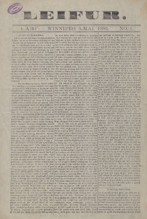 A scan of the first issue of Leifur. The paper’s title is bold at the top, with volume and issue information beneath. The page contains dense, closely set columns of Icelandic text. A purple oval stamp appears in the top-left corner.