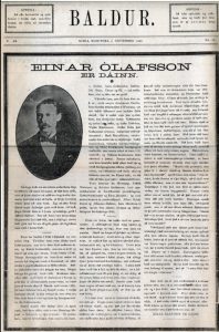 Front page of a historical Icelandic-language newspaper titled Baldur. The date reads Winnipeg, Manitoba, 7. desember 1905, and the issue number is visible in the top margin. The main headline in bold text reads Einar Ólafsson er dáinn. Below the headline is a black-and-white portrait of a man in formal attire, framed in an oval. The remainder of the page is filled with justified columns of text in Icelandic. The paper shows slight aging with darkened edges.