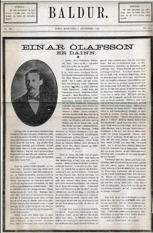 Front page of a historical Icelandic-language newspaper titled Baldur. The date reads Winnipeg, Manitoba, 7. desember 1905, and the issue number is visible in the top margin. The main headline in bold text reads Einar Ólafsson er dáinn. Below the headline is a black-and-white portrait of a man in formal attire, framed in an oval. The remainder of the page is filled with justified columns of text in Icelandic. The paper shows slight aging with darkened edges.