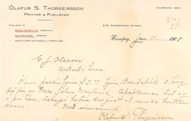 A 1908 letter on official letterhead from Ólafur S. Thorgeirsson, Printer & Publisher in Winnipeg, addressed to S.G. Olson. Handwritten in Icelandic script, it is dated January 11.