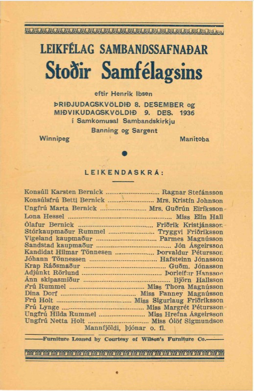 Vintage 1936 Icelandic-language theatre program for Stoðir Samfélagsins (Pillars of Society) by Henrik Ibsen, performed by Leikfélag Sambandssafnaðar in Winnipeg, Manitoba. The program lists cast members and their roles, with a note that furniture was provided by Wilson’s Furniture Co.