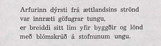 Quatre lignes de poésie islandaise imprimées en encre noire sur une page blanche.