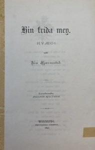 Title page of an old Icelandic publication printed in Winnipeg. The title Hin fríða mey appears at the top in large Gothic-style script, followed by the word kvædi and the name Jón Bjarnason. Below is a line indicating it was worked on by Halldór Halldórsson. The text is centered and printed in black ink on aged white paper. The bottom of the page notes Winnipeg, Heimskringlu prentsmiðja with the date 1891. A small piece of tape is visible on the lower right corner.