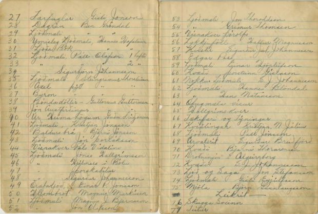 Handwritten two-page spread from an old notebook listing books read by the Icelandic reading club Morgunstjarnan. The list includes Icelandic titles and author names, with numbered entries running from 27 to 77.