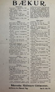 Old printed catalog page in Icelandic listing books and prices. The page is organized into categories such as Sögur, Leikir, Ymislegt, and Nýjar bækur. Each entry includes the book title, author’s name, volume or part number, and price in krónur. The text is dense and closely spaced, printed in a serif typeface on yellowed paper with visible aging and small dark specks. The layout is divided into two main columns.