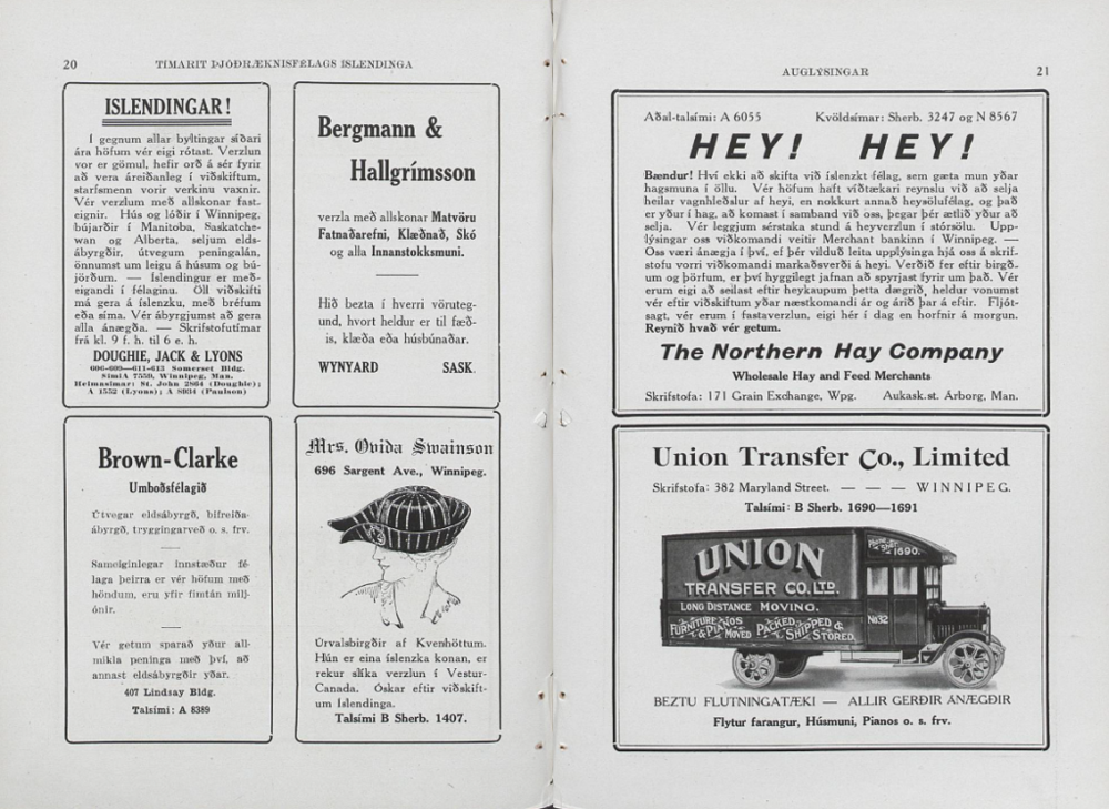 An image of two pages of ads from a magazine in black and white. On the left-hand page there are four ads featuring Icelandic language text and one with an illustration of a woman wearing a hat. On the right-hand page there are two larger ads. Both feature Icelandic language text and the lower of the two has an illustration of a vehicle from the 1920s.