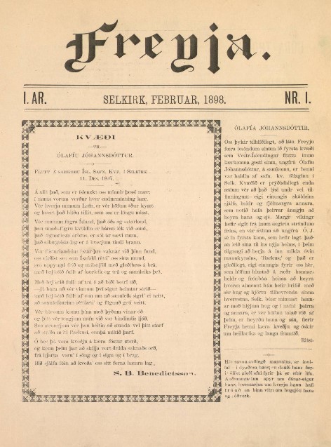 Front page of Freyja, a women’s periodical published in Selkirk, Manitoba, February 1898. The masthead reads Freyja in Gothic typeface, with I. Ár. Nr. I. indicating the first year, first issue. The page features Icelandic text in two columns bordered by decorative lines, including a poem titled Til Kvenna on the left and an introductory article on the right.
