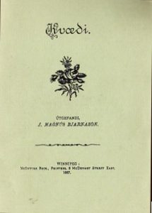 Title page of the Icelandic poetry book Kvæði, featuring elegant script at the top, a small floral illustration in the center, and publication details at the bottom. J. Magnús Bjarnason is named and the book was printed in Winnipeg by McIntyre Bros. in 1887.