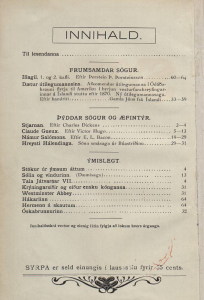 An image of the table of contents of a magazine. The text is printed in one column of black ink with headings and subheads in slightly larger font. The paper is faded with age. There is a horizontal decorative item along the bottom of the page.