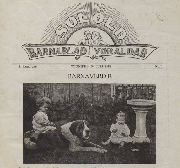 Black-and-white cover of the 1918 periodical Sólöld: Barnablað Voraldar, showing two children with a large St. Bernard dog in a garden beside a birdbath. The header includes an illustration of two children beneath a rising sun and the title in decorative Icelandic lettering.