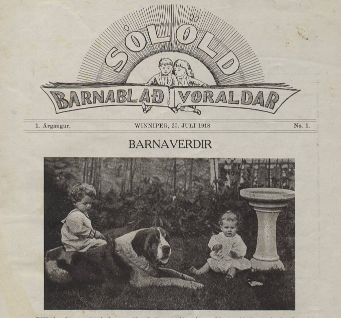 Black-and-white cover of the 1918 periodical Sólöld: Barnablað Voraldar, showing two children with a large St. Bernard dog in a garden beside a birdbath. The header includes an illustration of two children beneath a rising sun and the title in decorative Icelandic lettering.