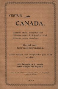 A 1900 Icelandic-language immigration pamphlet titled Vestur Canada, printed on brown textured paper with a decorative border.
