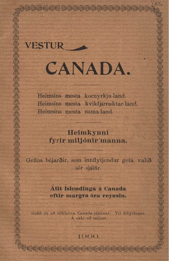 A 1900 Icelandic-language immigration pamphlet titled Vestur Canada, printed on brown textured paper with a decorative border.