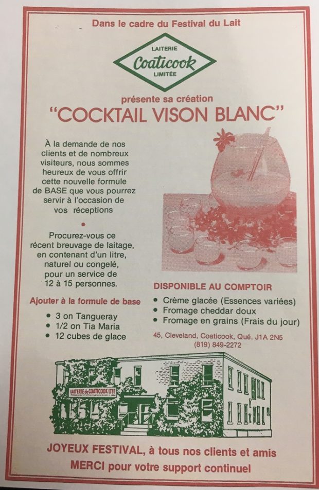 Colour image of a mimeographed sheet that includes a recipe, a photo of a pitcher surrounded by glasses, and the drawing of a building. It also gives information for the public.