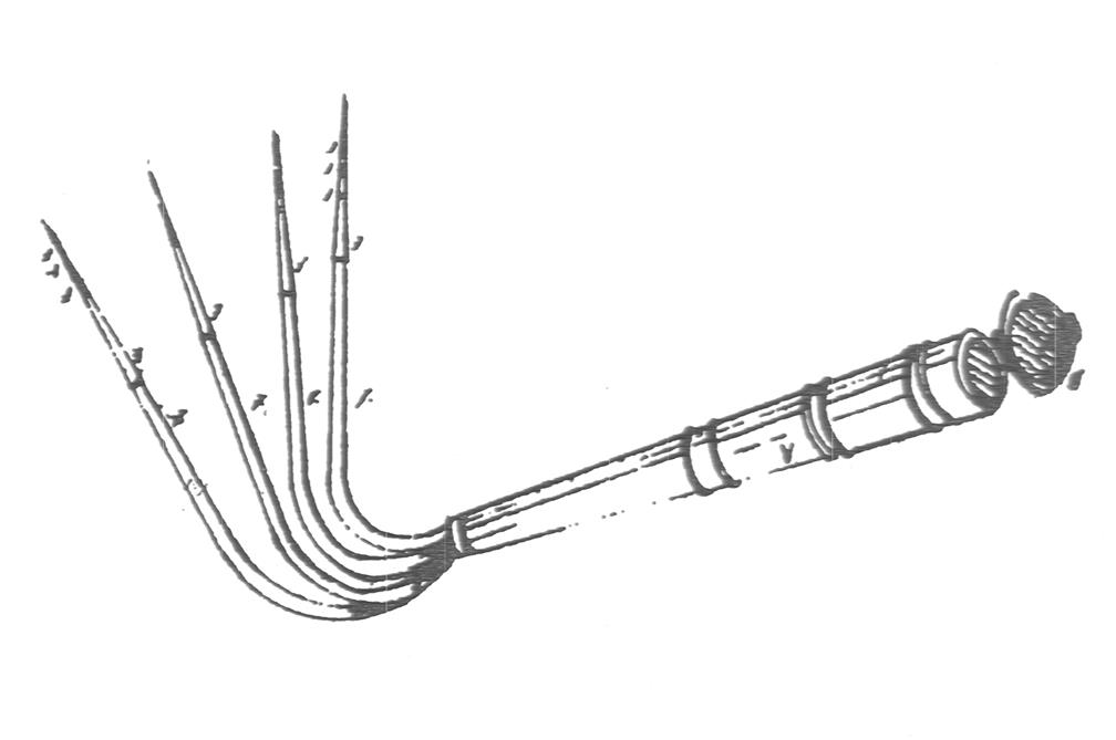 Croquis noir et blanc d’un instrument comportant un manche qui se termine par 4  tiges en éventail perpendiculaire au manche.
