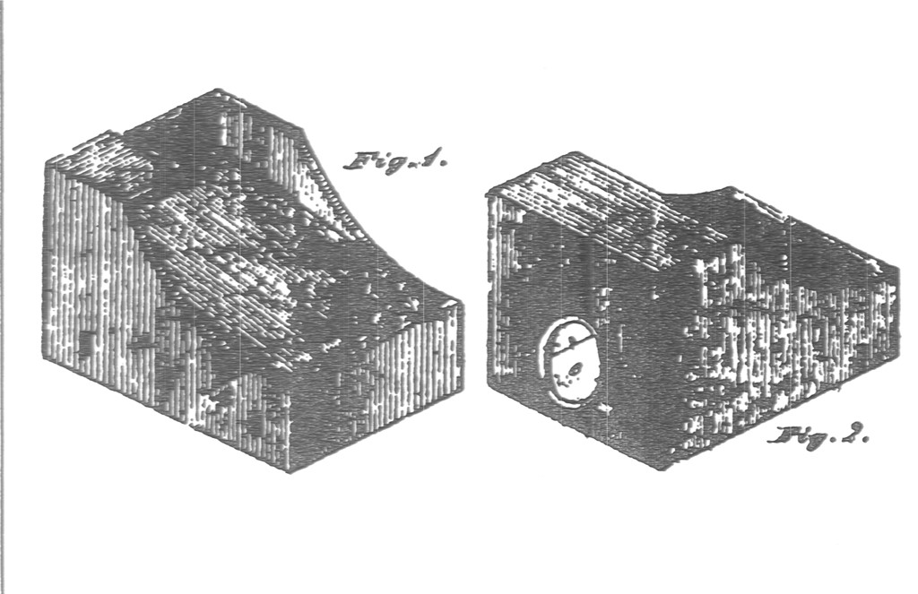 Black and white image of a drawing of two figures, one viewed from the front, the other from the back, of a device with an opening and a raised front end.