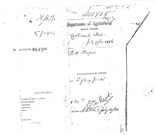 Black and white image showing the first page of an application for a patent; the heading Department of Agriculture is at the top.