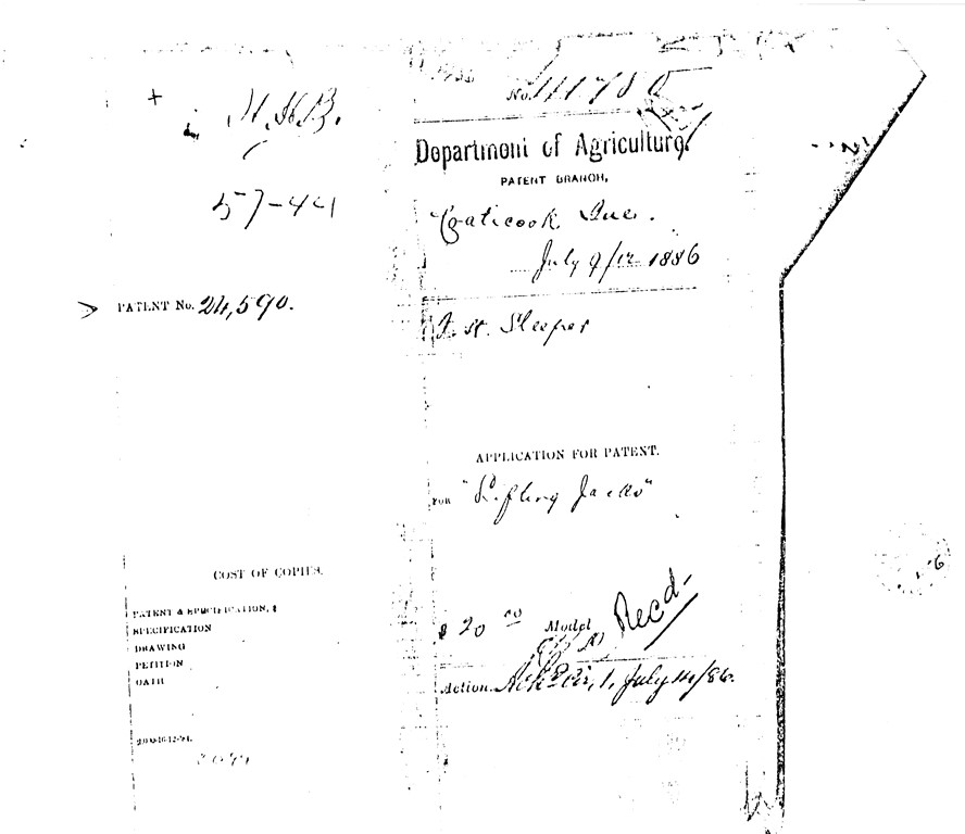 Black and white image showing the first page of an application for a patent; the heading "Department of Agriculture" is at the top.