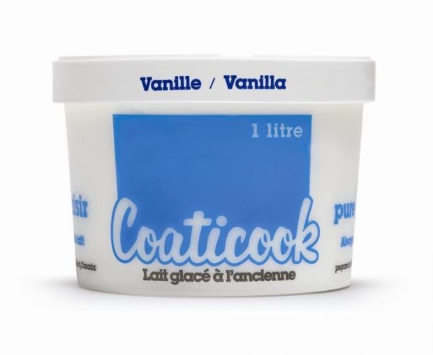 Colour photograph of a 1-litre container of vanilla iced milk, with the label of the Coaticook dairy in blue and white.