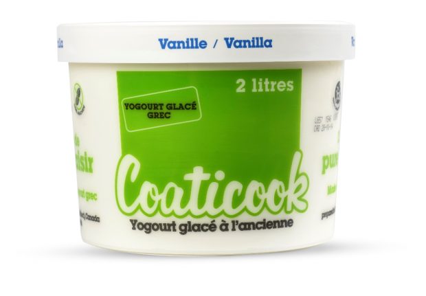 Colour photo of a 2-litre container of Greek-style Frozen Yoghurt, with the label of the Coaticook dairy in green and white.