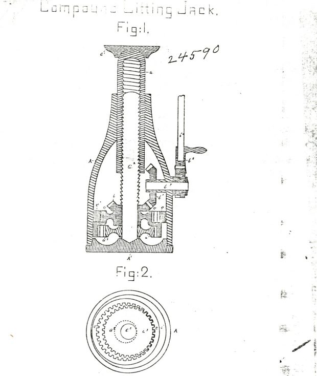 Black and white image of the technical drawing of a tool, labeled Compound Lifting Jack. There are two drawings: Figure 1 gives a general outline of the tool's operation, while Figure 2 demonstrates its gear system within a series of circles.