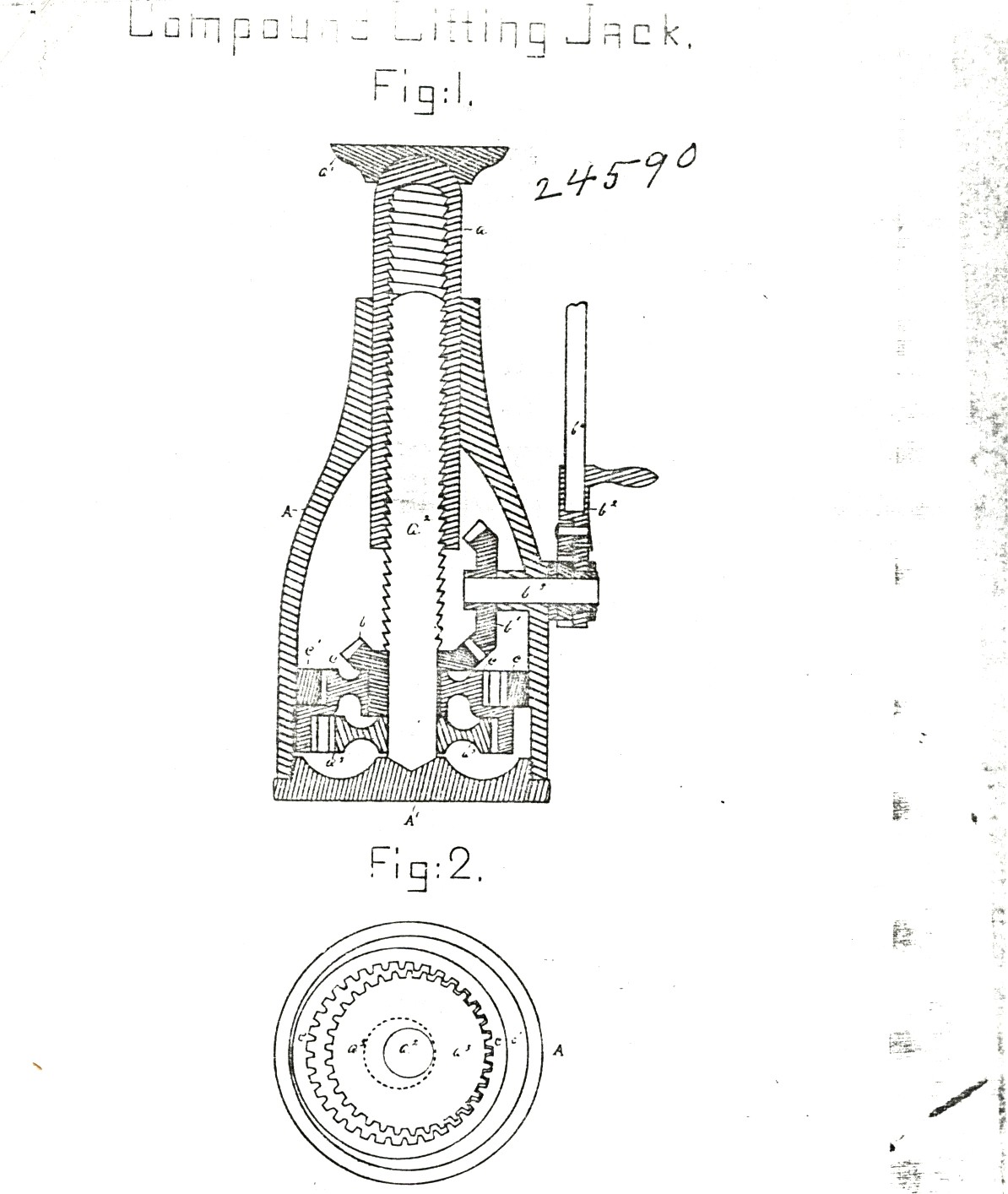 Black and white image of the technical drawing of a tool, labeled "Compound Lifting Jack". There are two drawings: Figure 1 gives a general outline of the tool's operation, while Figure 2 demonstrates its gear system within a series of circles.