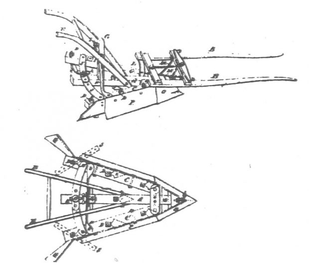 Black and white image of a two-figure drawing of a multifunctional agricultural implement. One figure shows the entire tool; the other, just one part. The parts are identified by letters.