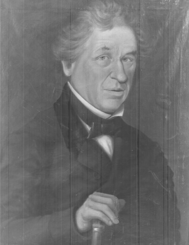 Black and white painted portrait of Marcus Child leaning on a walking stick, dressed in a black smoking jacket with a black bow tie.