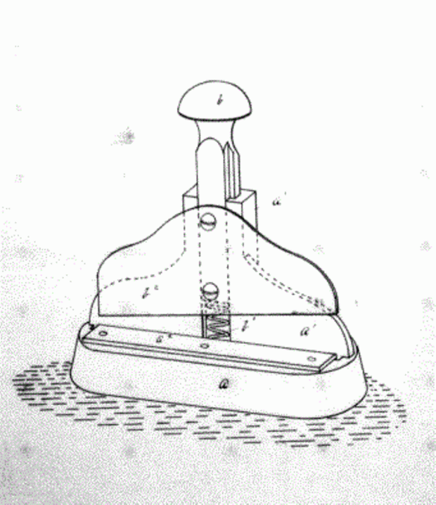 Black and white drawing of an instrument that has a sturdy base, and a blade attached to an elevated part.