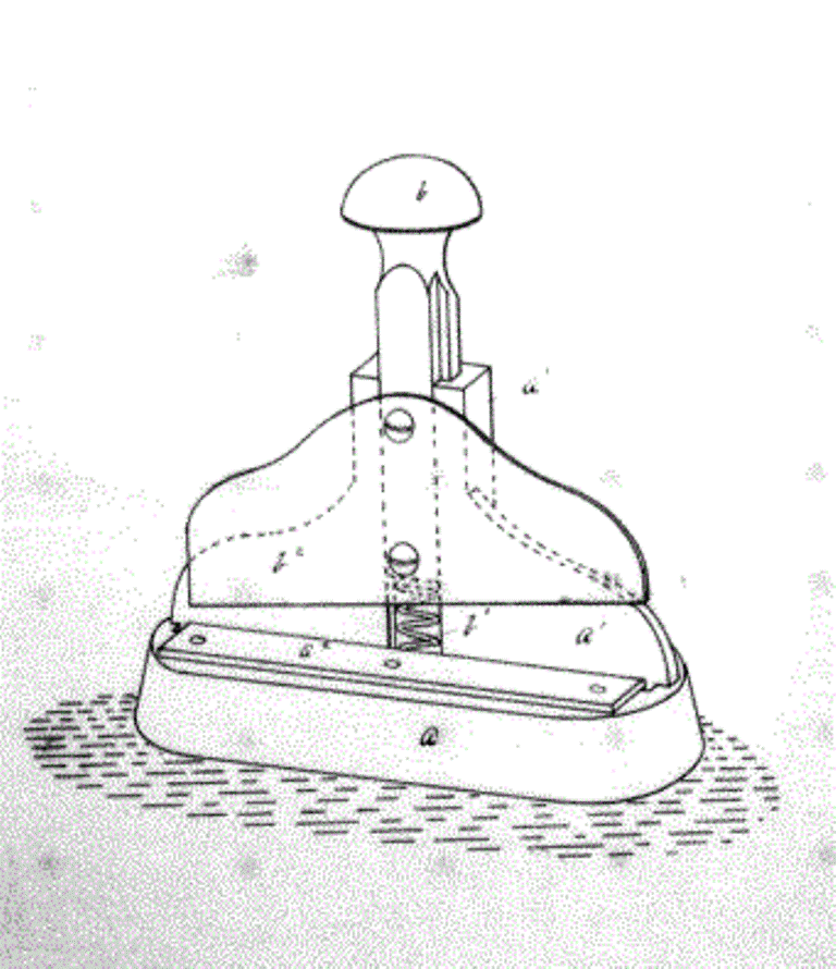 Black and white drawing of an instrument that has a sturdy base, and a blade attached to an elevated part.