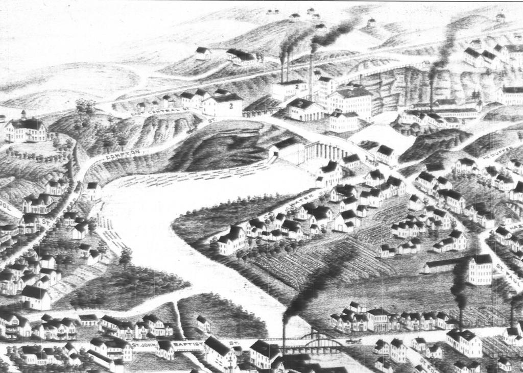 Black and white engraving of a map of a section of Coaticook. There are houses, buildings, roads, and a viaduct, with open fields at the top of the engraving.
