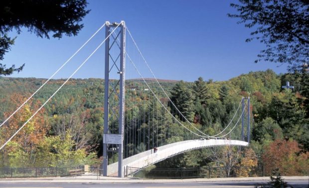 Colour photograph of a very large suspension bridge for pedestrians, set against a wooded backdrop in the fall.