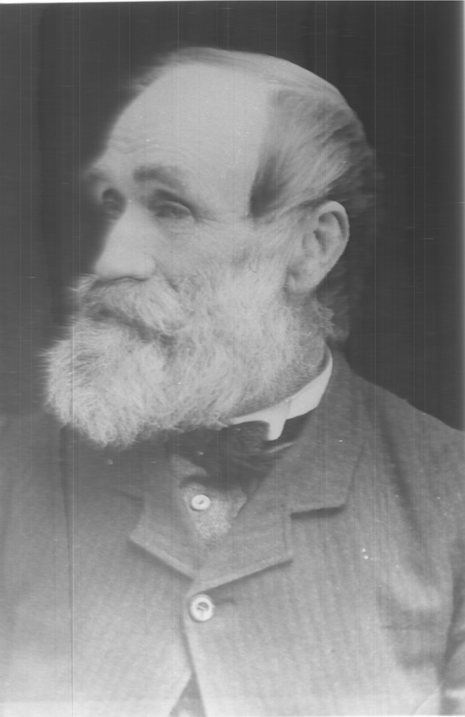 Black and white portrait photograph of Samuel Cleveland facing to the side; he has a white beard and mustache, and is dressed in a grey striped suit with a black bow tie.