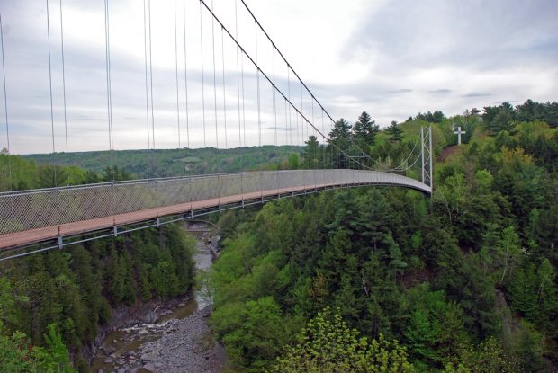 Colour photograph of the suspension bridge in a green forested setting, with the Gorge underneath.