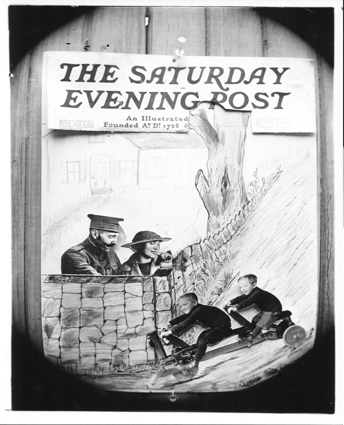 Black and white engraving of an advertisement for the cover of the Saturday Evening Post magazine, with two children driving a cart invented by Frank Sleeper, while a man in a military uniform and a woman wearing a hat look on.