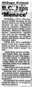 Newspaper clipping titled B.C. Japs Menace