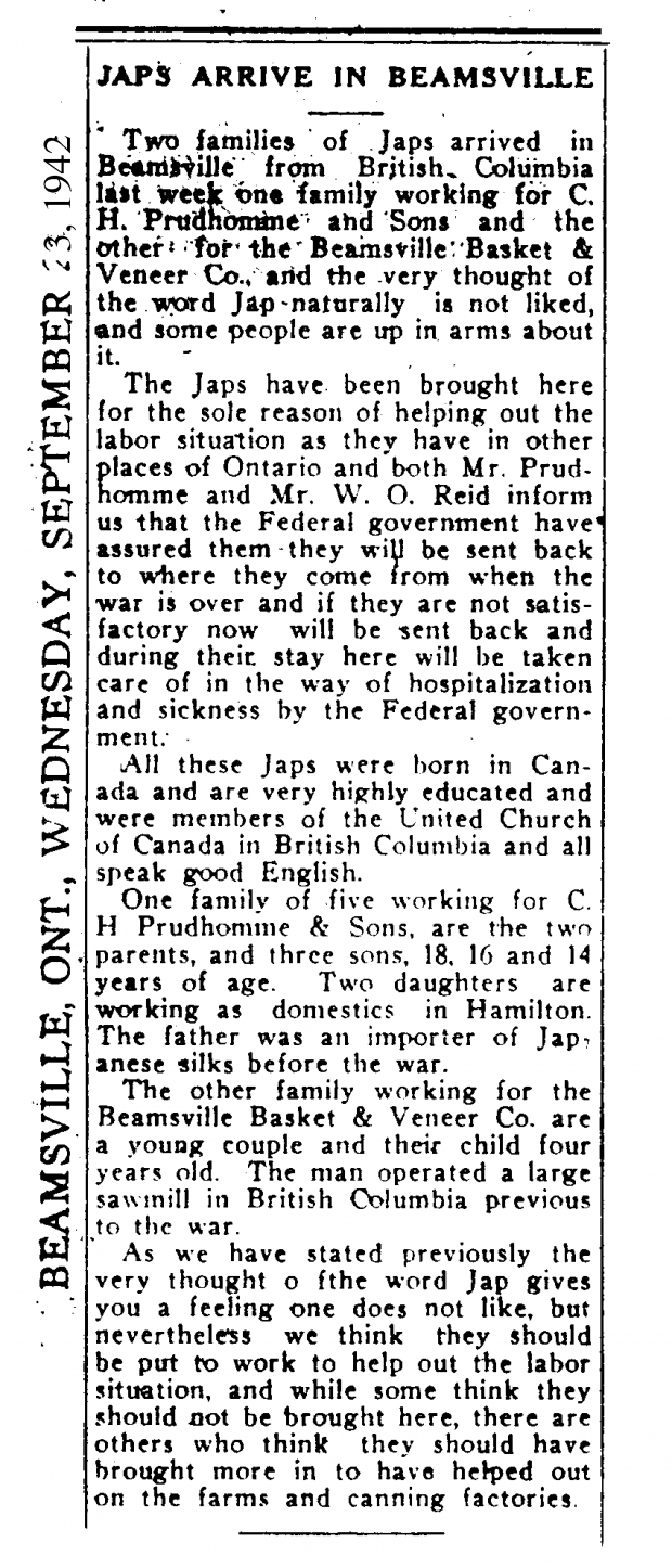 Newspaper clipping titled Japs Arrive in Beamsville