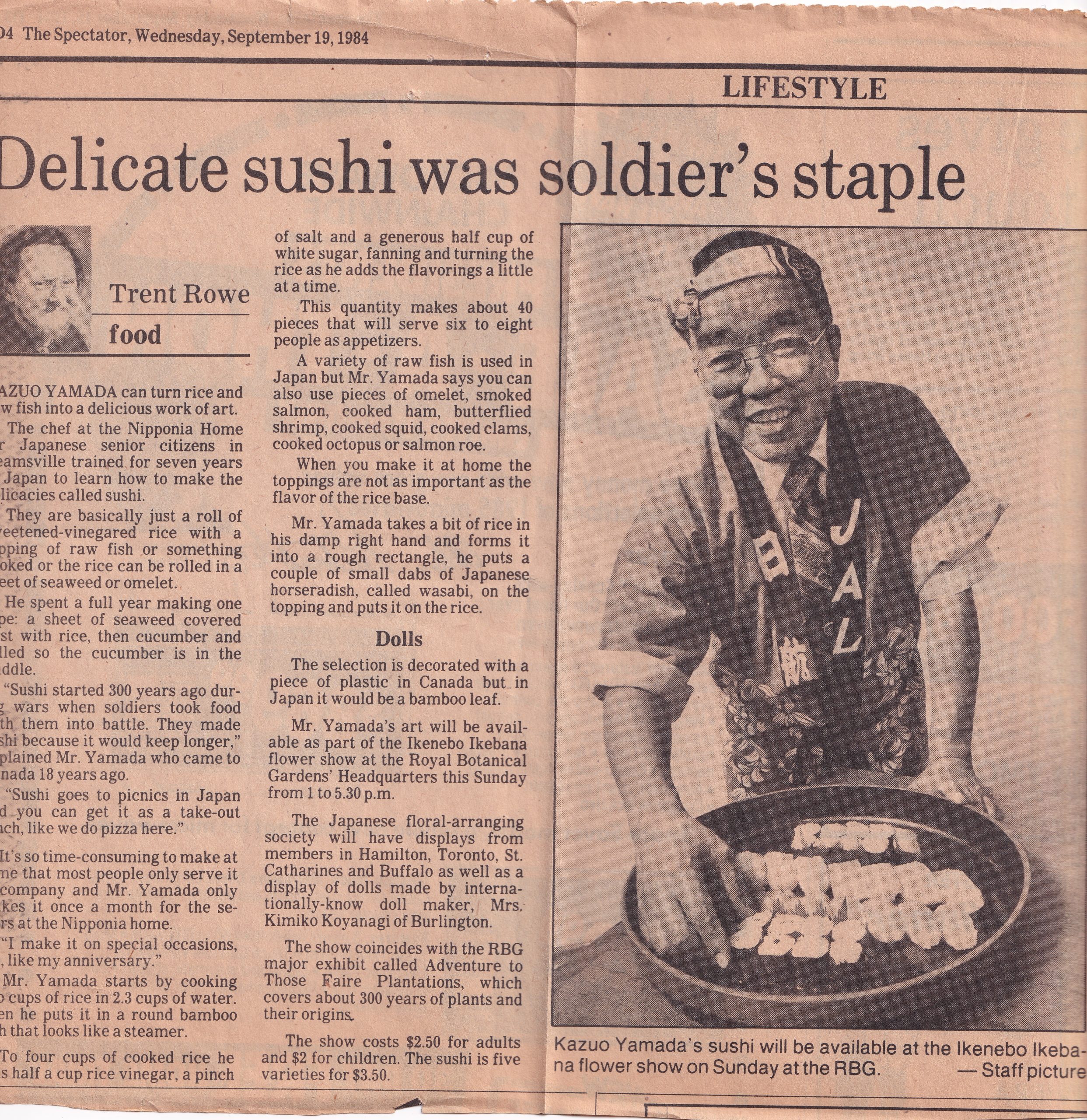 Newspaper clipping titled Delicate sushi was a soldier's staple