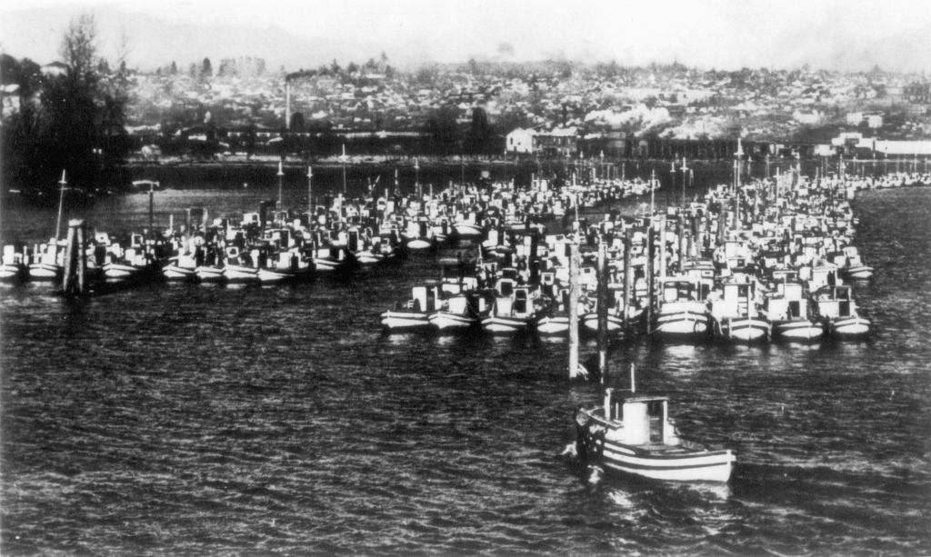 Thousands of confiscated fishing boats grouped together in a harbour