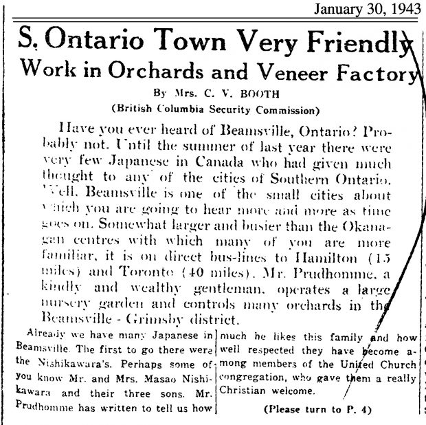 Newspaper clipping titled Southern Ontario Town Very Friendly