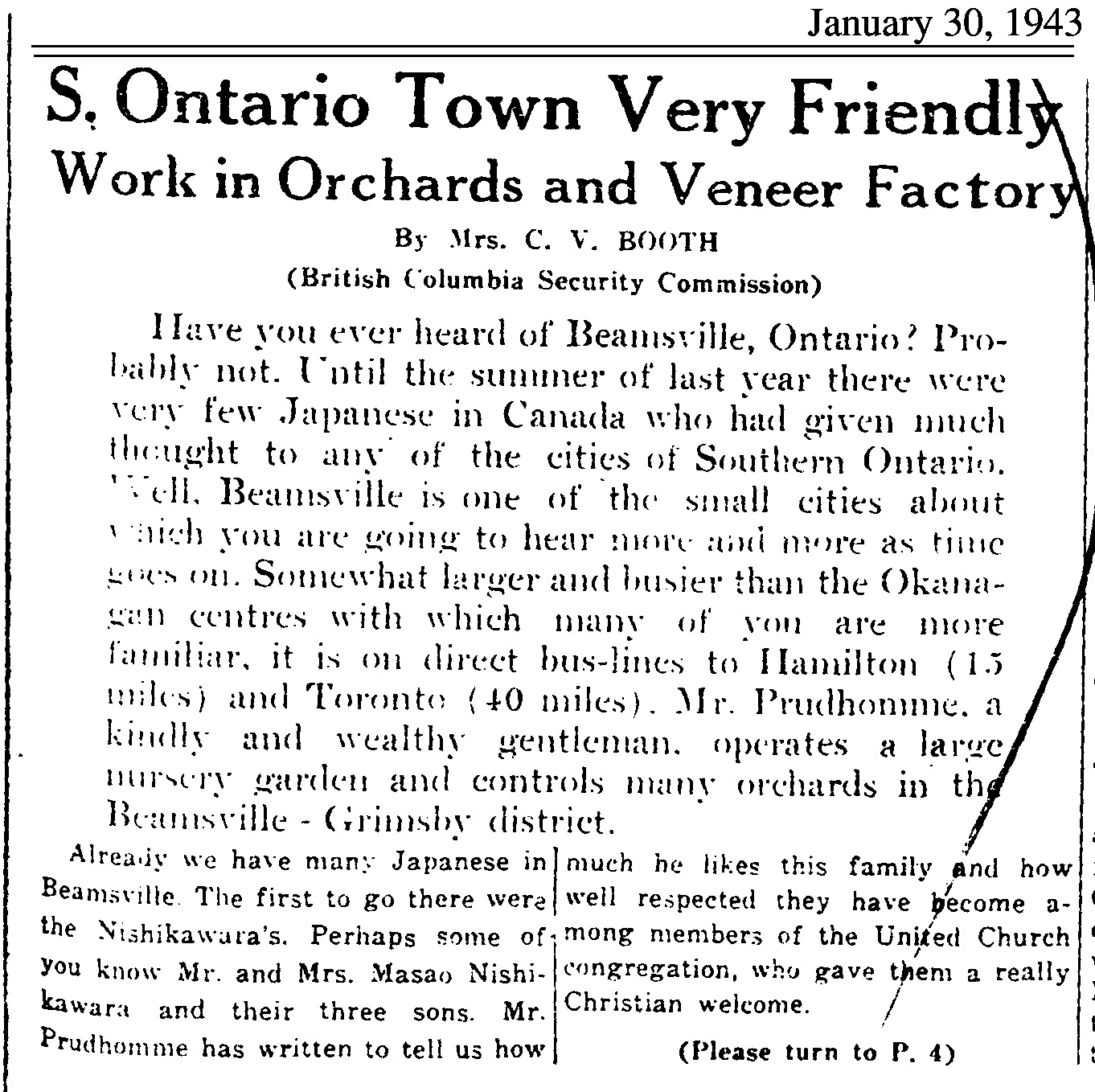 Newspaper clipping titled Southern Ontario Town Very Friendly