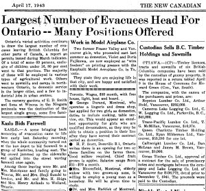Newspaper clipping titled Largest Number of Evacuees Head for Ontario - Many positions offered