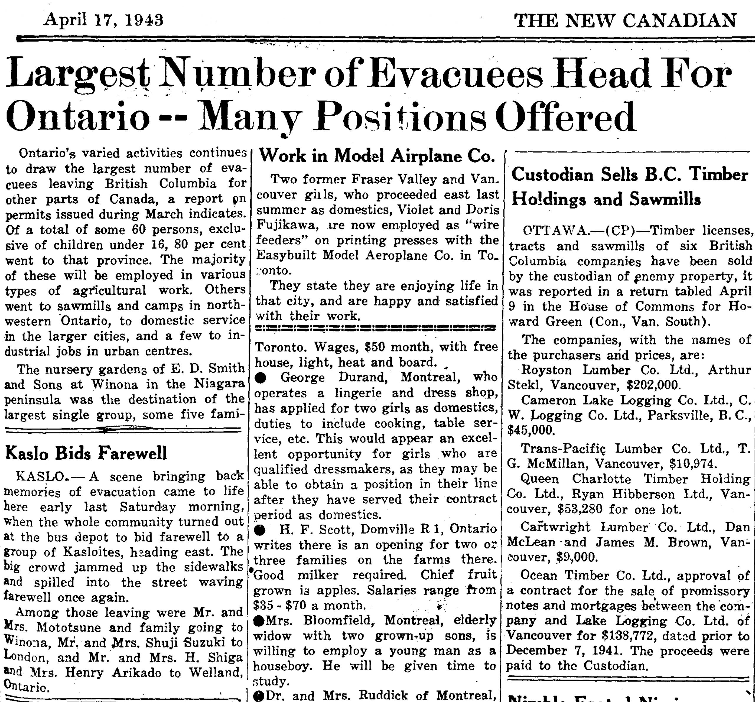 Newspaper clipping titled Largest Number of Evacuees Head for Ontario - Many positions offered