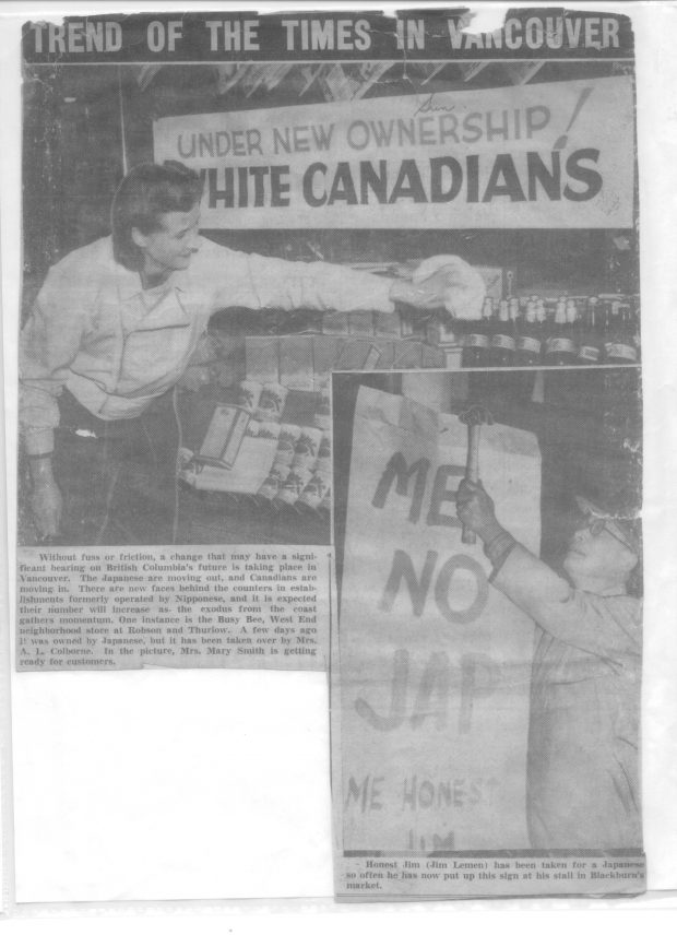 Newspaper clipping showing man polishing window with sign that reads Under new ownership! White Canadians and another which reads Me No Jap