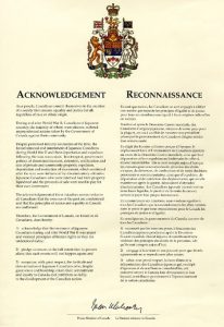 An acknowledgement letter with the Canada Crest as letterhead is signed below by Brian Mulroney, Prime Minister of Canada