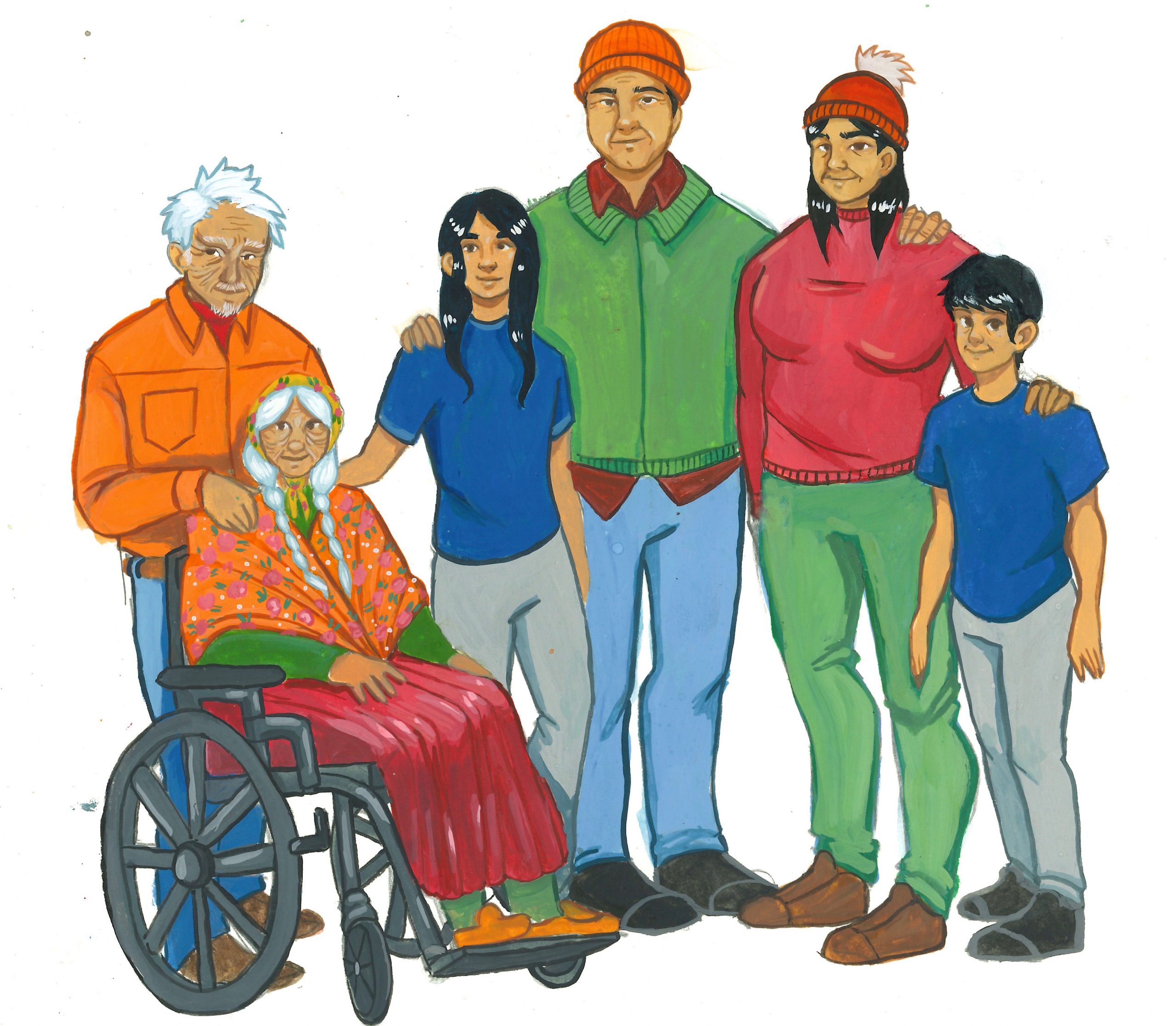 Drawing portrait of an Anicinabe family (3 generations). The grandmother is in a wheelchair, she wears a shawl on her shoulders and on her head. Drawing in color.